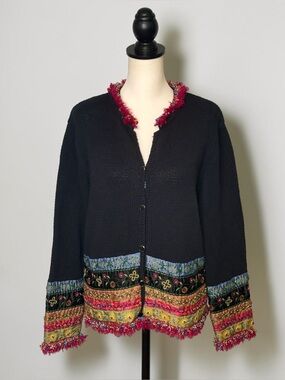 Vintage Ann Trinity Beaded Embroidered Fringe Cardigan Sweater XL *Flaws